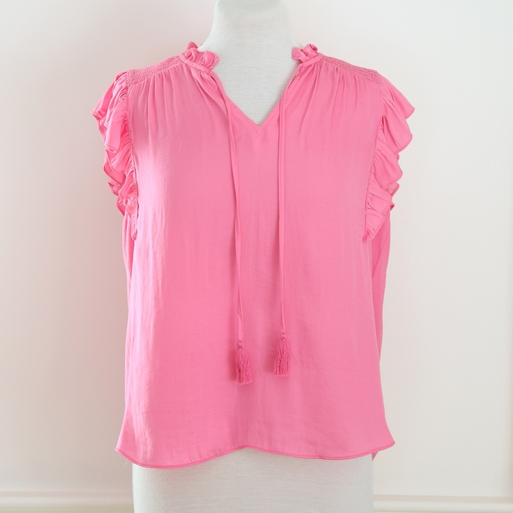 Cupcakes & Cashmere Pink Ruffle Sleeve Blouse Tasseled Size Medium